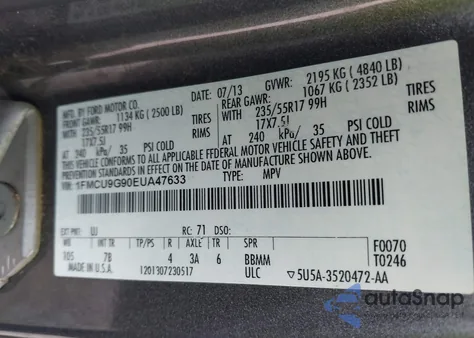 2014 Ford Escape Se из США, поврежденный, VIN 1FMCU9G90EUA47633